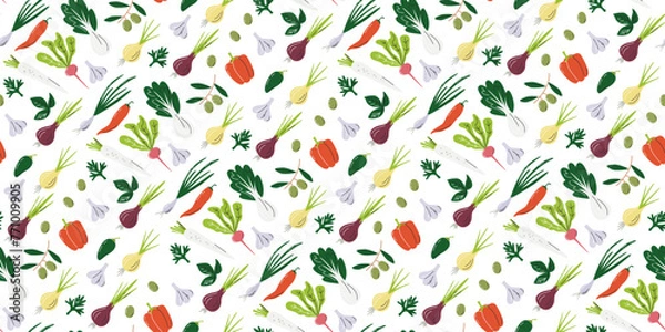 Fototapeta Vegetable seamless pattern with potato, pumpkin, and beet. Agricultural and organic food print design. Horizontal background isolated on white. Nightshade family hand drawn flat vector illustration
