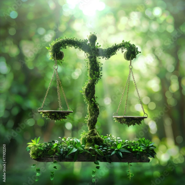 Fototapeta Image capturing the balance between law and environmental sustainability, with scales representing ecological justice. 