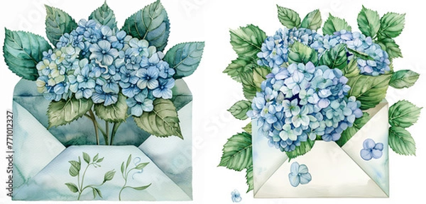 Fototapeta Watercolor clip art of an envelope adorned with a bouquet of hydrangeas and green leaves in pastel tones of light blue and deep green.