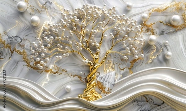Fototapeta 3D wallpaper with gold tree life white pearl and flowers, 3D mural wallpaper high quality AI generated image