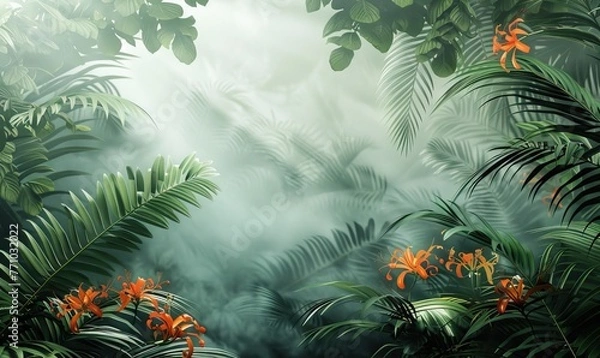Fototapeta Tropical jungle with lush green palm leaves, Mural wallpaper high quality AI generated image