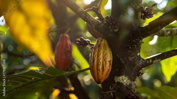 Fototapeta Fresh cocoa bean growing on a cacao tree in a tropical island jungle