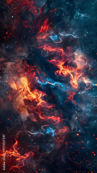 Obraz Abstract art showing a chaotic dance of red and blue smoke patterns, symbolizing conflict and serenity