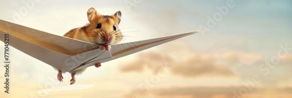 Fototapeta heartwarming horizontal banner photo of an adorable hamster perched on a flying paper plane against a dreamy sky backdrop, Hamster, Adventure, Flight, Creativity, Banner space for text. 