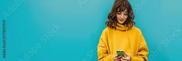 Fototapeta Woman in yellow turtleneck sweater testing on smartphone with blue background and copy space. 