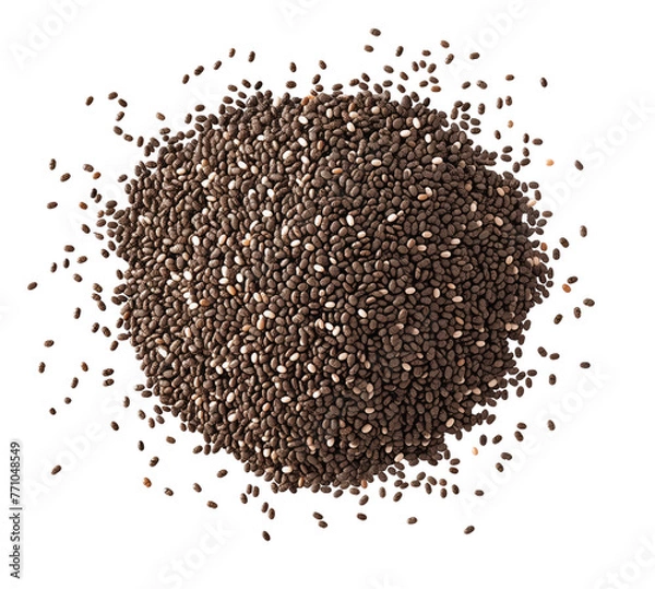 Obraz Close-up view of organic chia seeds scattered on a white background, showcasing their natural texture and color.