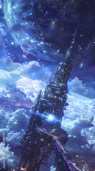 Obraz An ethereal space station soars amidst the clouds, framed by distant planets and a sense of aspiration