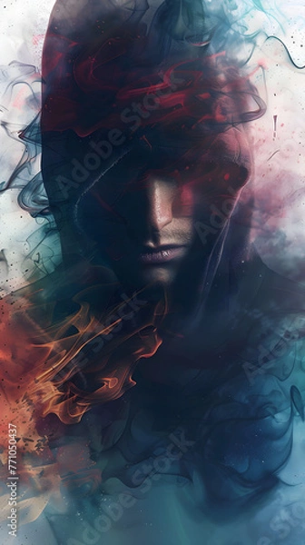 Obraz An artistic depiction of a cloaked figure, surrounded by vibrant, dynamic smoke and fire elements that suggest a sense of mystery and intrigue