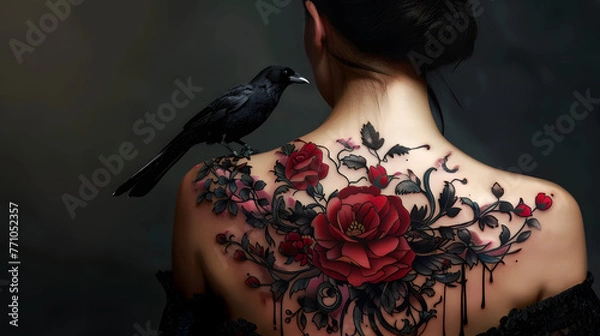 Obraz Stunning image showing a detailed tattoo of roses and thorns with a crow perched on the woman's shoulder, evoking mystery