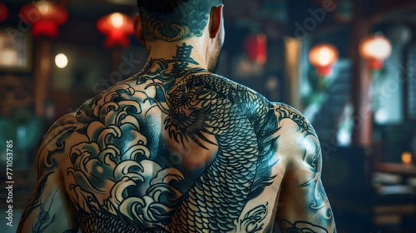 Obraz Highly detailed image showing a powerful dragon tattoo covering a man's back, with oriental lanterns in the background