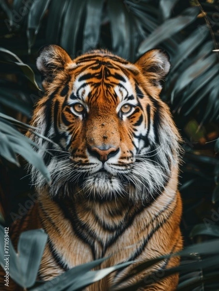 Fototapeta Tiger in jungle sitting and looking straight ahead,generated with ai