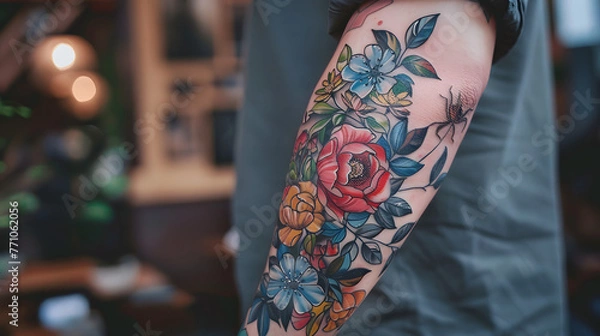 Obraz This high-resolution image captures a beautiful floral tattoo with a variety of colorful flowers on the arm
