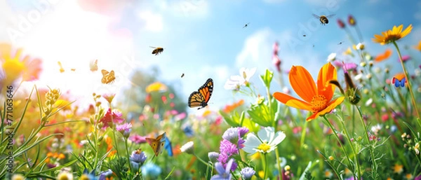 Obraz An idyllic summer landscape capturing the essence of a sunny day with bright butterflies and varied wildflowers