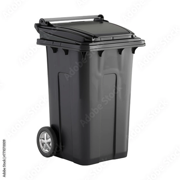 Fototapeta A black trash can with wheels, designed for easy mobility and convenience, displayed on a plain white background.
