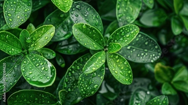 Fototapeta Close up fresh green leaves of citrus plant with water drops texture background. AI generated image