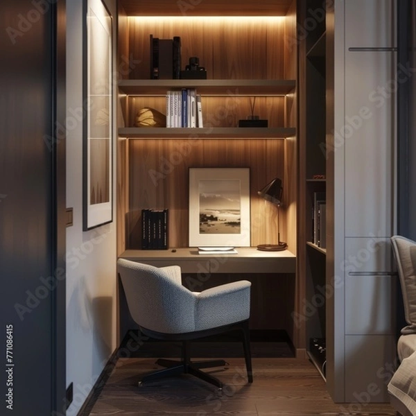 Fototapeta Small desk or reading corner with a comfortable chair and task lighting. Job ID: dec29150-cf9d-4650-ae31-4630f5ab4125