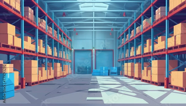 Fototapeta Inventory Optimization: Warehouse Backgrounds with Systematic Shelving and Efficient Goods Distribution