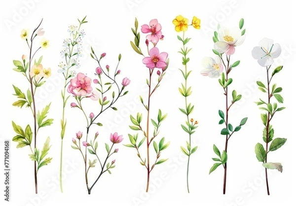 Fototapeta Springtime Florals: foral clip art depicting blooming flowers, budding branches, and fresh foliage