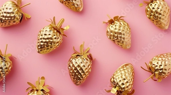 Fototapeta Pattern of golden metal strawberries on pink background. Creative minimal fruit concept. 
