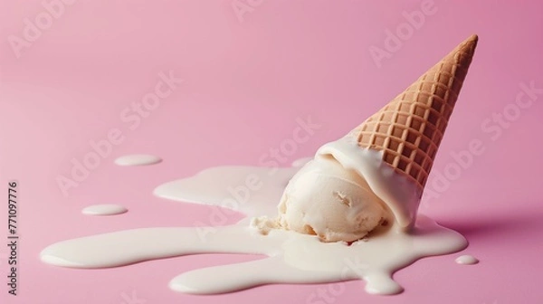 Fototapeta Dropped ice cream cone on a pink background. Minimal summer food concept.


