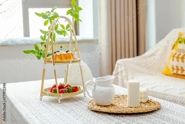 Fototapeta Afternoon tea with cream bread paired with strawberries and coffee