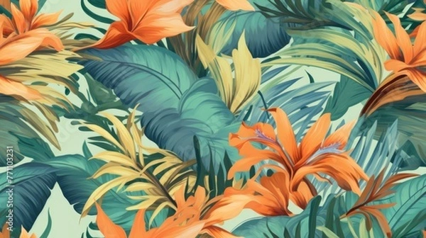 Fototapeta Creative tropical green leaves layout, background. Nature spring concept. Flat lay