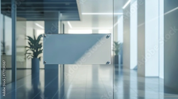 Fototapeta Blank glass nameplate design mockup, Signplate mock up on the wall near office entrance interior. Signage panel door number template. Clear printing sign board for branding near store. 