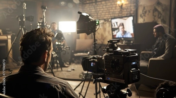 Obraz TV Show Scriptwriting Sessions Cinematic shots of TV show scriptwriting sessions capturing the creative process of crafting dialogue and plot twists  AI generated illustration