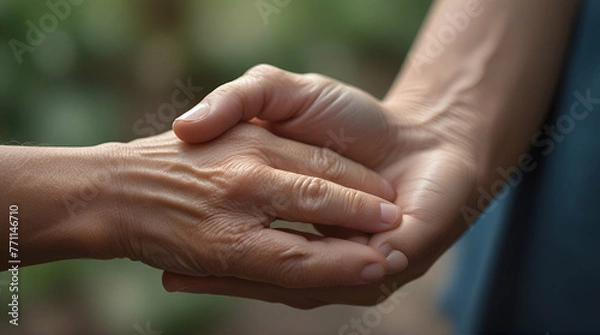 Fototapeta A young hand gently holding an elderly hand, symbolizing support and compassion, helping hands.generative.ai