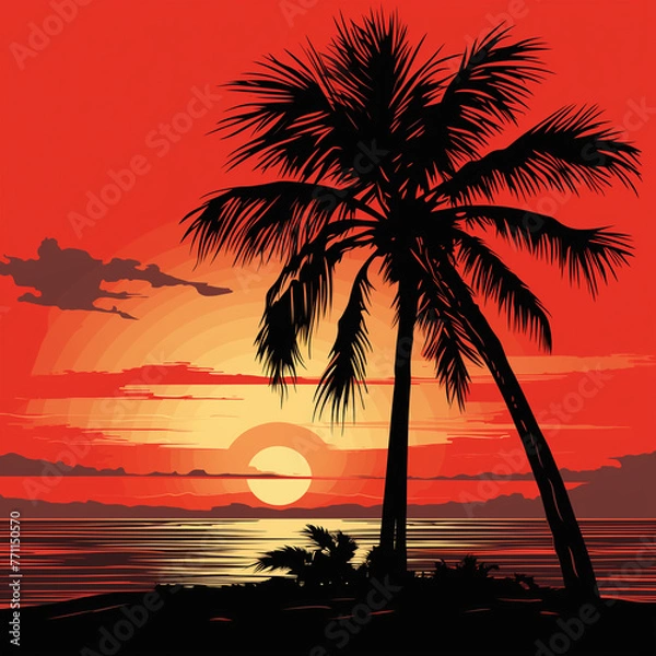 Obraz Abstract tropical gradient beach evening landscape with palm tree silhouettes on sunset colorful background. Flat panoramic illustration of a palm island for travel poster, retro style landscape wallp