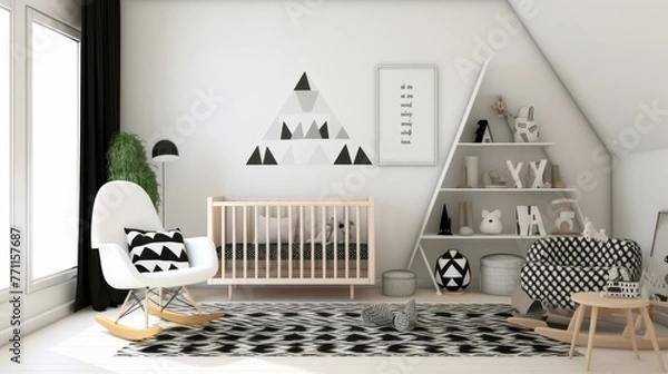 Fototapeta A simplistic modern nursery with monochrome color palette and playful geometric patterns in Scandinavian style  AI generated illustration