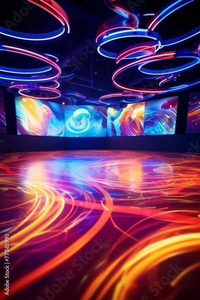 Fototapeta An empty dance floor under swirling neon lights  AI generated illustration