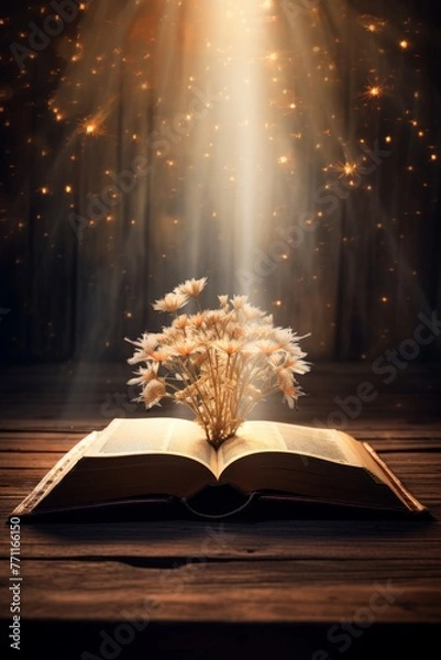 Obraz An enchanting open book on a rustic wooden table with illuminated rays of light radiating from the pages  AI generated illustration