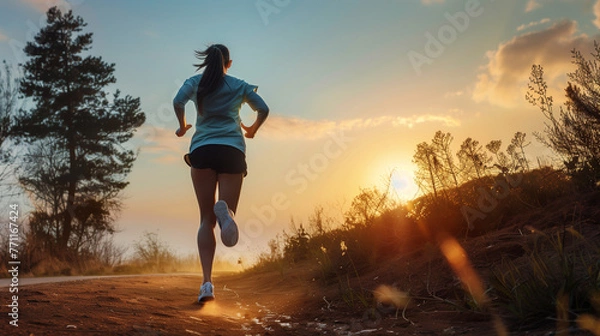 Fototapeta A woman running energetically down a dusty road as the fiery sun sets behind her, casting a warm glow on the surroundings