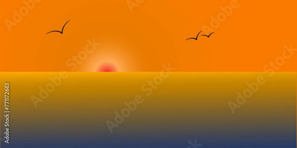 Fototapeta Dynamic line vector ocean sunset background with orange color abstract fit for poster, backdrop, illustration, presentation