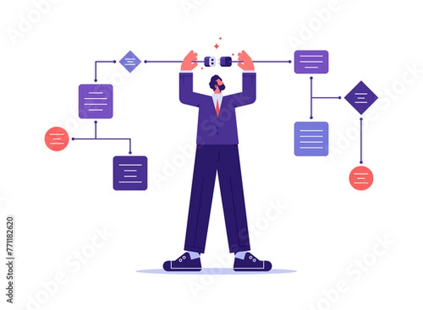 Obraz Analyst with structural thinking, finding connections, building flowchart scheme, system, logic and structure in business analysis concept
