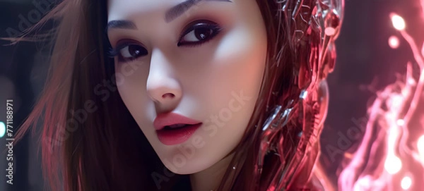 Fototapeta Science beauty indonesian women humanoid cyborg in futuristic neon, ai generative