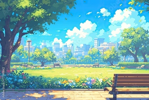 Fototapeta pixel art of bench in the park with city skyline in background, flowers and trees