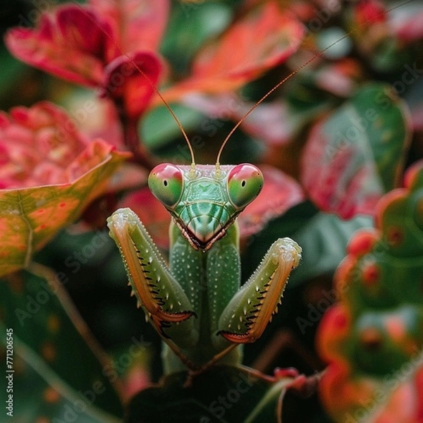 Obraz Leafy Lair Vibrant closeup of a praying mantis camouflaged among leaves, focusing on its adaptive colors and the serene confidence of its stance , cinematic