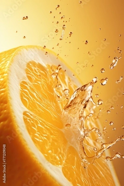 Fototapeta One sliced orange with water droplets splashing.