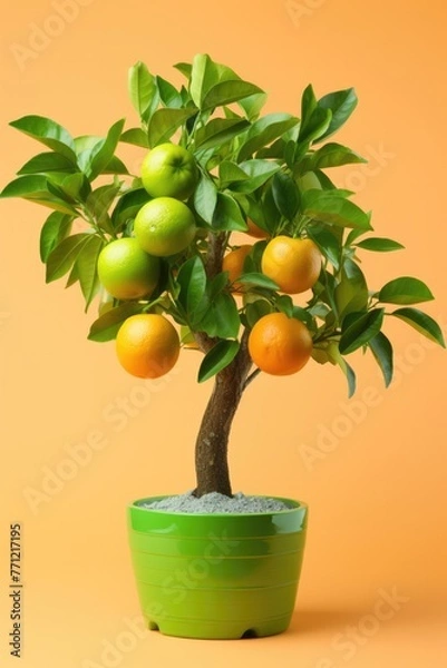 Fototapeta Citrus fruits branches on coloured background.