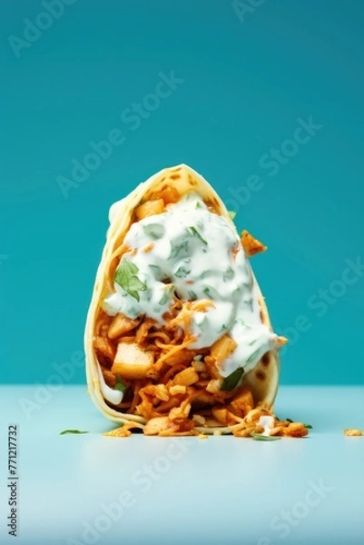 Obraz Burrito close up view. Blue background.