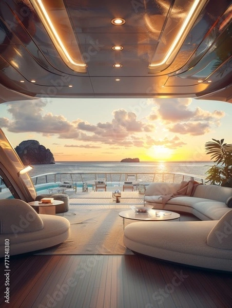 Fototapeta Unconventional Luxurious Yacht Meeting Space with Ocean Views.