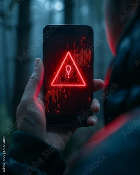 Fototapeta Phone screen displaying SMS scam warning, digital threats concept, sharp focus, alert symbol visible