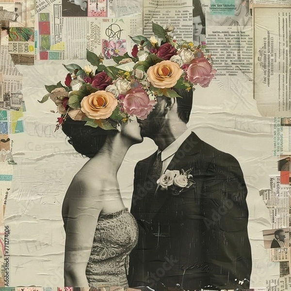 Fototapeta Wedding couple in retro style with covered faces with flowers, collage