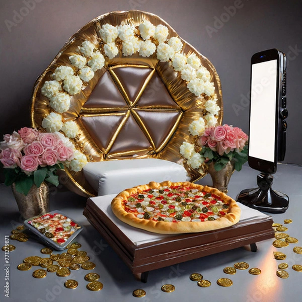 Obraz 초코렛 피자 책상과 나의 꽃침대 스마트폰 거울