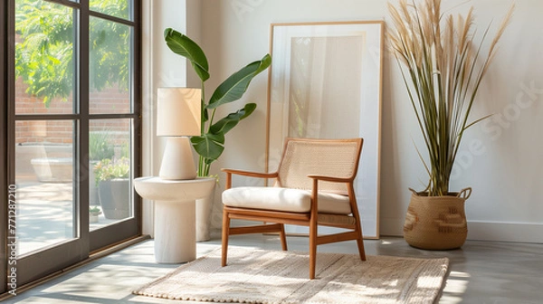 Fototapeta Bright and Airy Living Room with Modern Furniture and Greenery