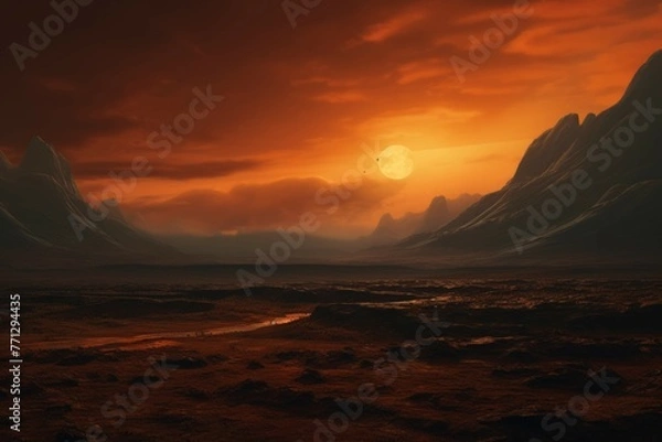 Fototapeta A lush alien landscape, the sky is a deep orange, the ground is a mix of rolling hills, forests and plains, a single tree stands in the middle of the landscape