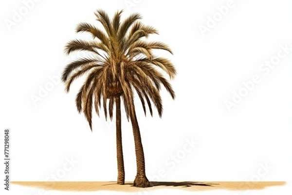 Fototapeta A palm tree with its long fronds and tall trunk, standing in a golden beach, isolated on white background
