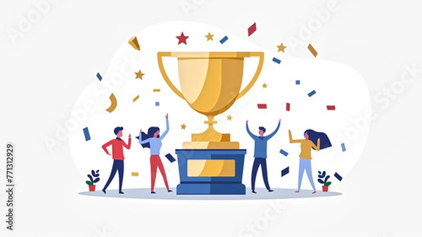 Fototapeta A flat vector of teamwork with trophy for business.